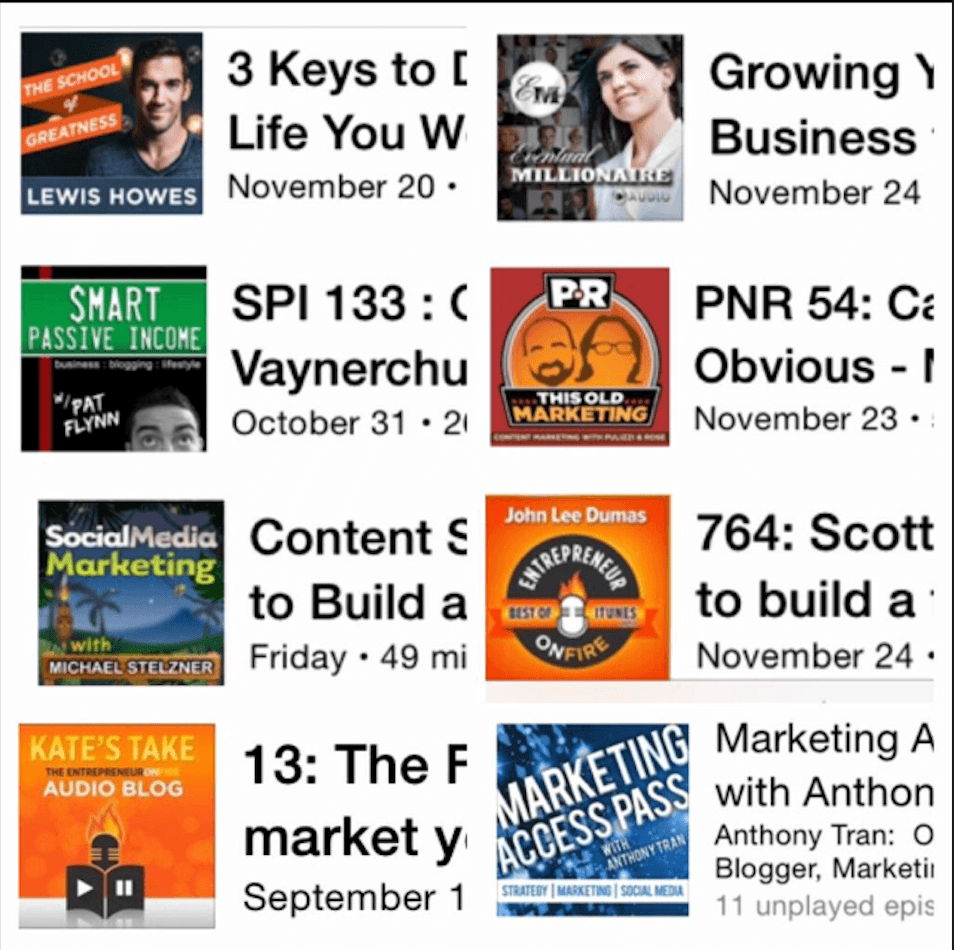 Marketing Access Pass in the iTunes grid next to Pat Flynn, Lewis Howes, and John Lee Dumas