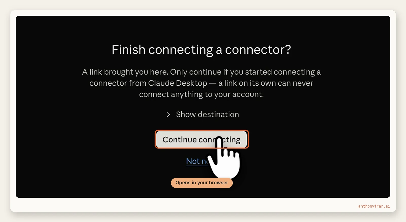 A browser page titled Finish connecting a connector, with the Continue connecting button outlined in orange and a label saying it opens in your browser.